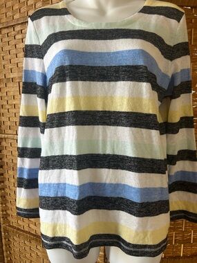 Talbots Striped Knit Top Pastel Blue Yellow Long Sleeve Lightweight LP